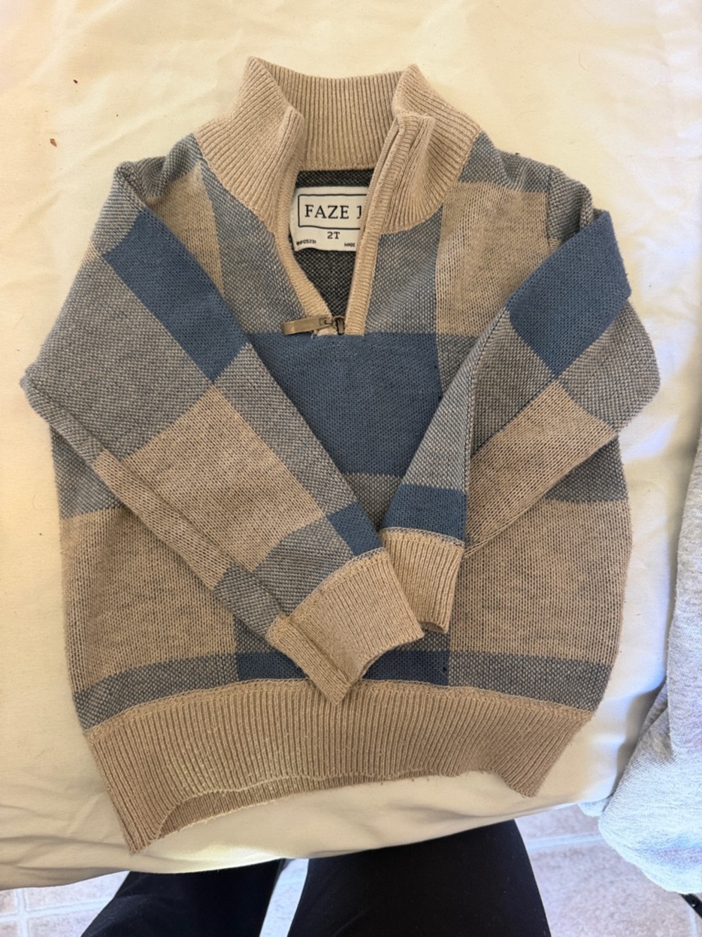 Kids' Quarter-Zip Plaid Sweater - Beige and Blue